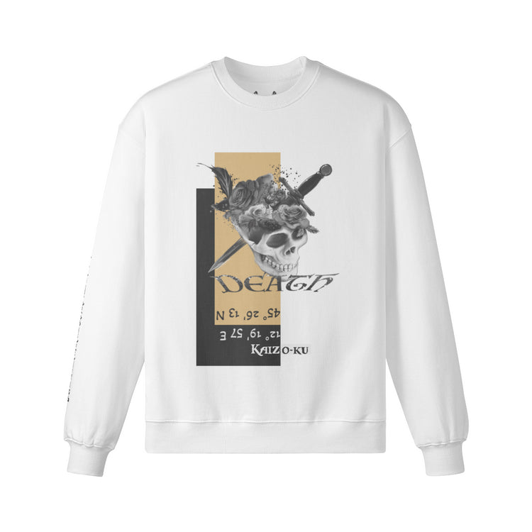 The Venice Sweatshirt front view, showcasing a dagger and skull, beneath the mystic coordinates of Venice, epitomizing bold fashion.