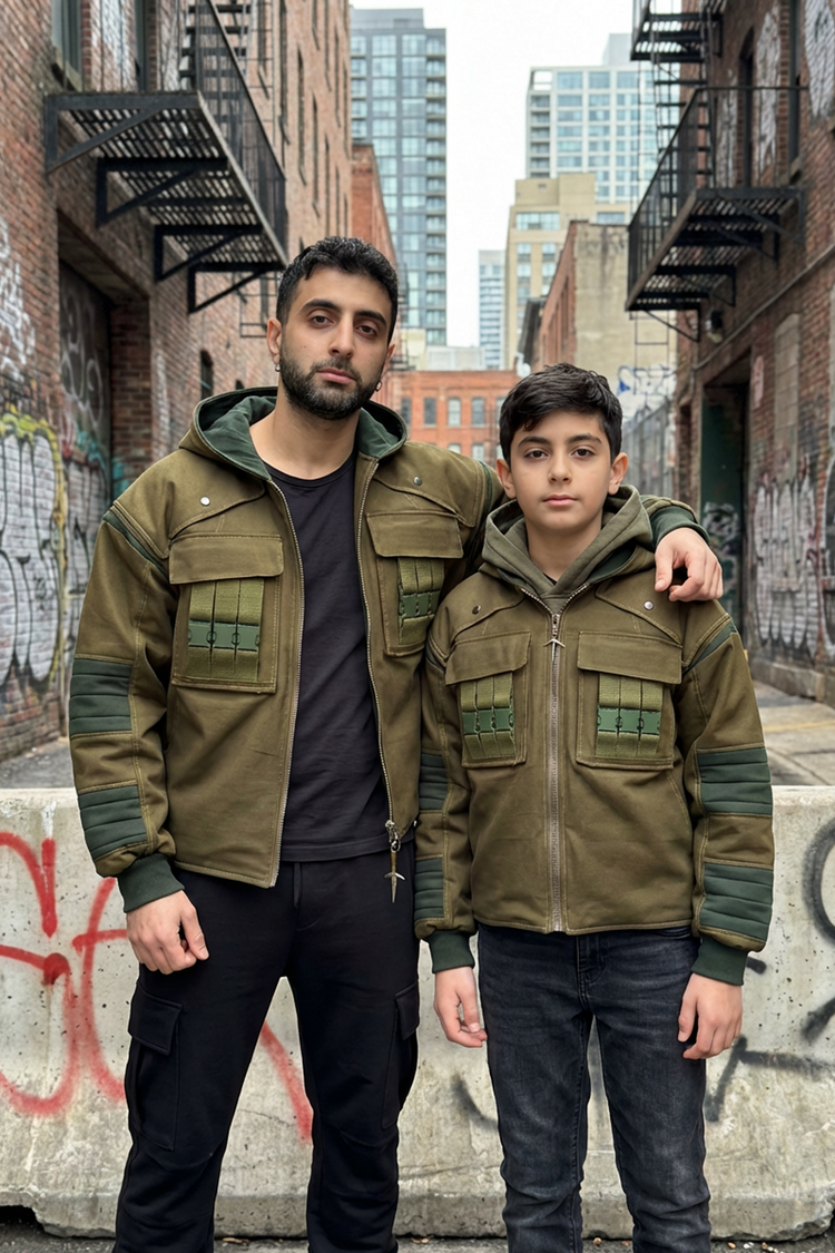 Veste Chunin inspirée de Naruto portée par un adulte et un enfant, photo urbaine.