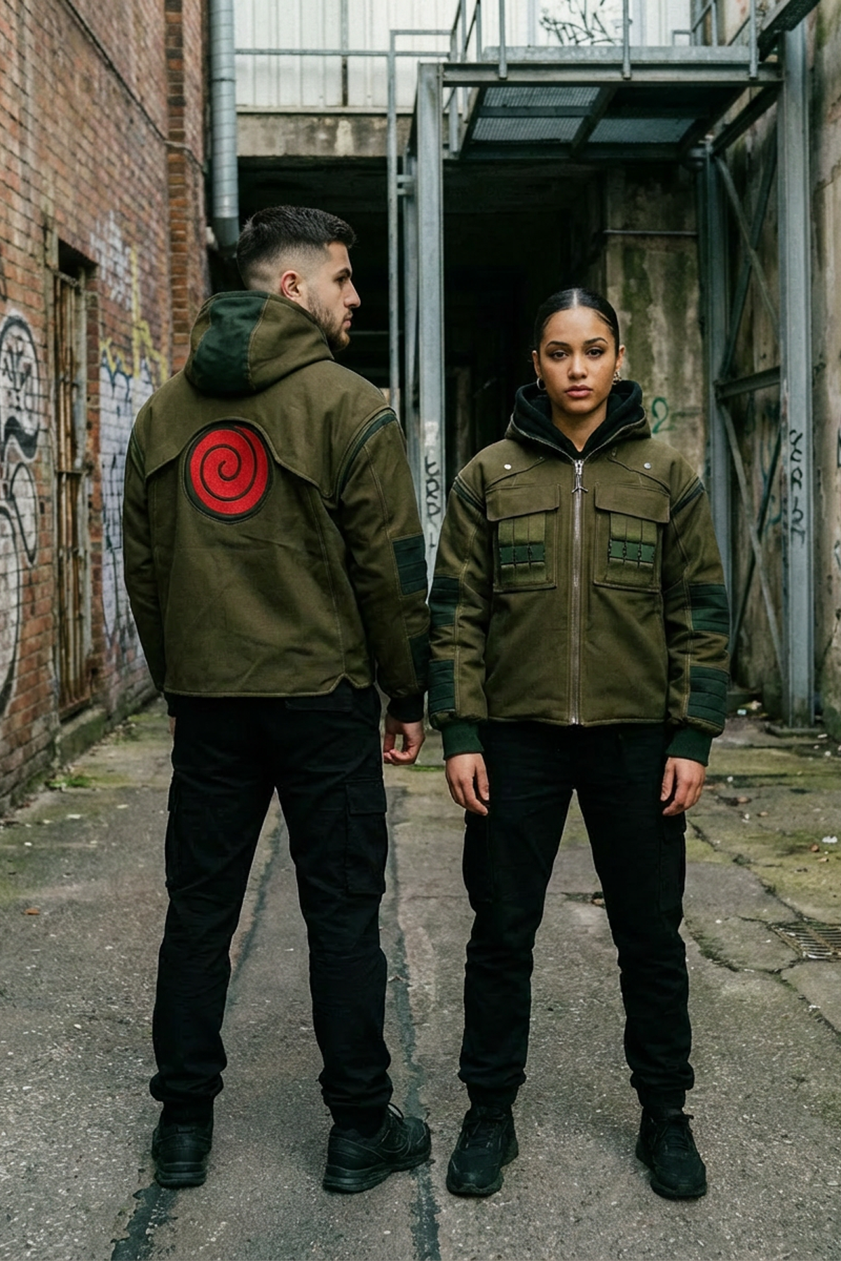 Veste Chunin inspirée de Naruto portée par deux modèles, vue avant et dos avec symbole Uzumaki brodé.