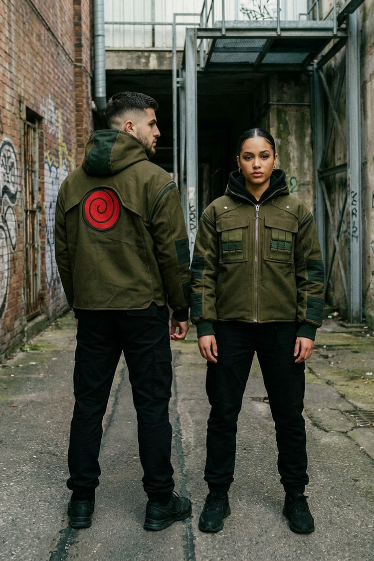 Veste Chunin inspirée de Naruto portée par deux modèles, vue avant et dos avec symbole Uzumaki brodé.
