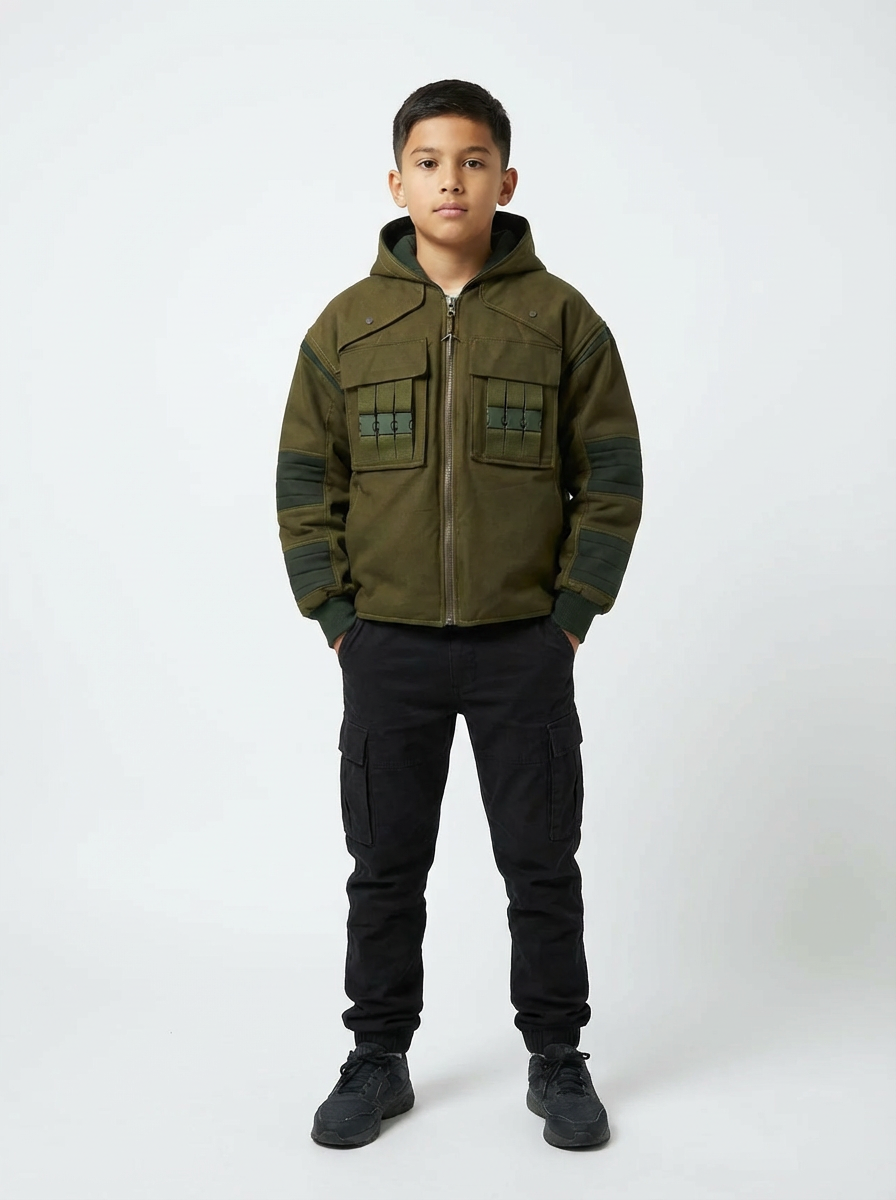 Enfant portant la veste Chunin inspirée de Naruto, vue de face sur fond blanc.