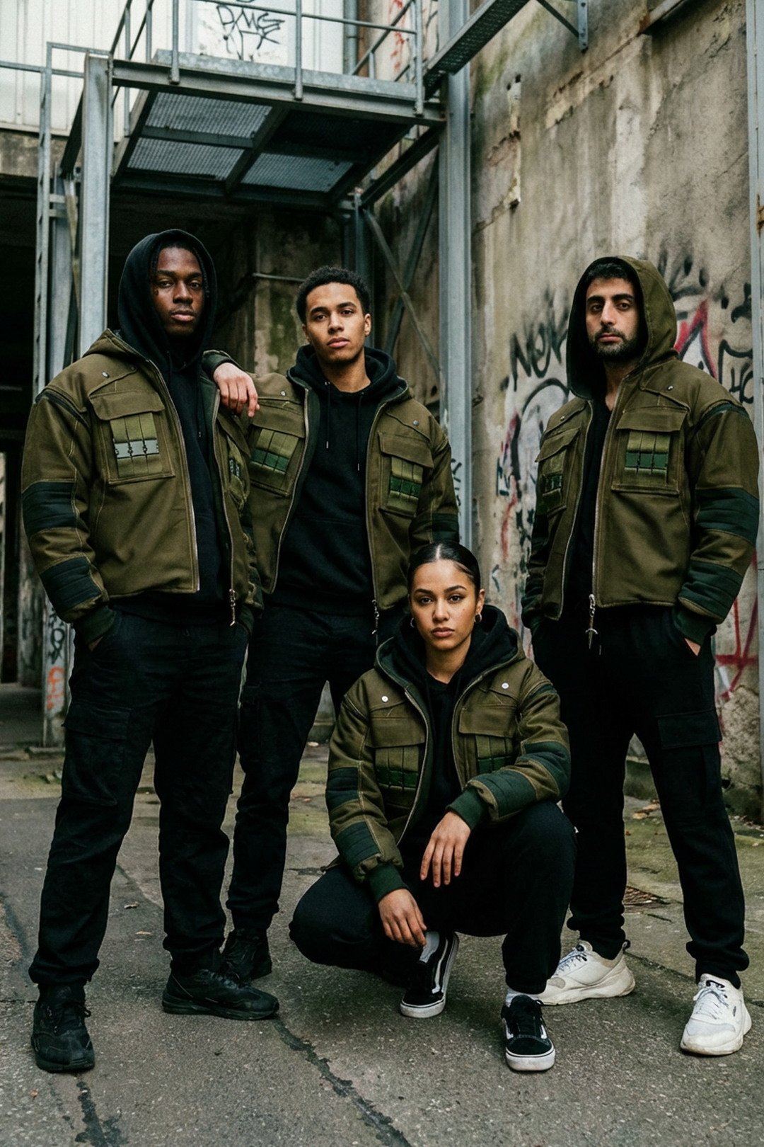 Lookbook avec quatre modèles portant la veste Chunin inspirée de Naruto dans un décor urbain.