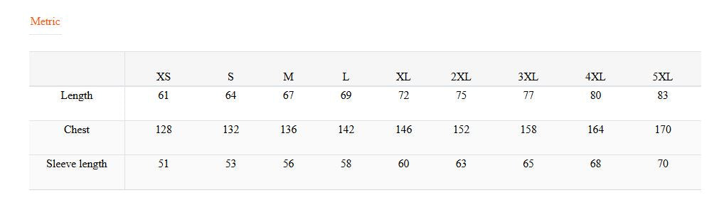 Measurement chart for clothing sizes with XS to 5XL labels.