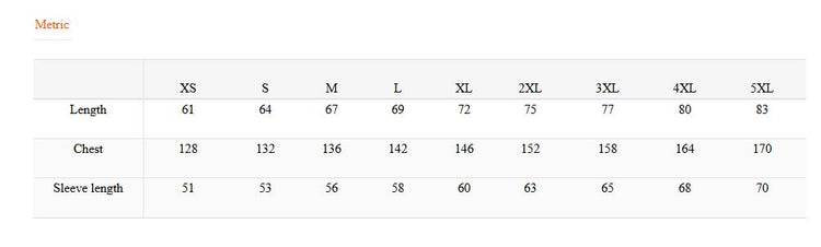 Measurement chart for clothing sizes with XS to 5XL labels.