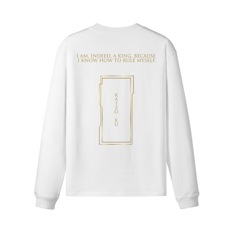 Back view showcasing the intricate quote and vertical Kaizo-ku branding in gold on the Wanderer Madrid Long Sleeve T-Shirt, epitomizing urban luxury.