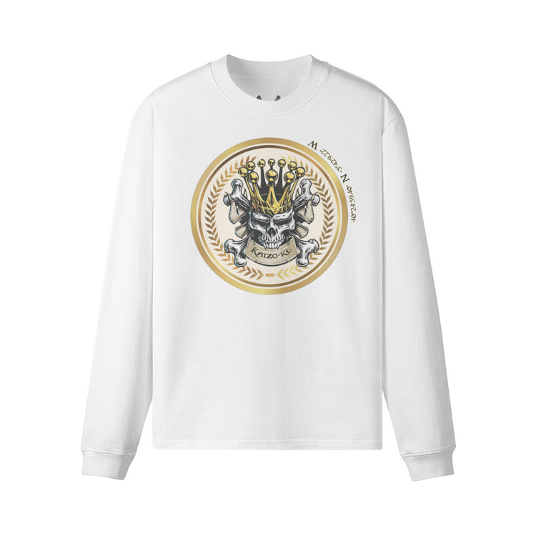 Front view of the luxurious Wanderer Madrid Crowned Skull Long Sleeve T-Shirt, featuring a majestic golden-crowned skull design set against premium fabric.