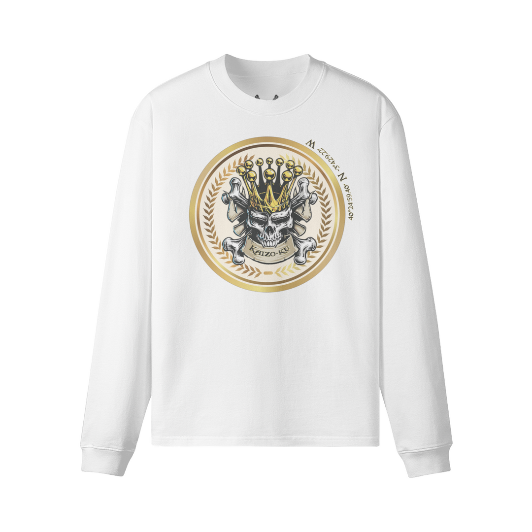 Front view of the luxurious Wanderer Madrid Crowned Skull Long Sleeve T-Shirt, featuring a majestic golden-crowned skull design set against premium fabric.