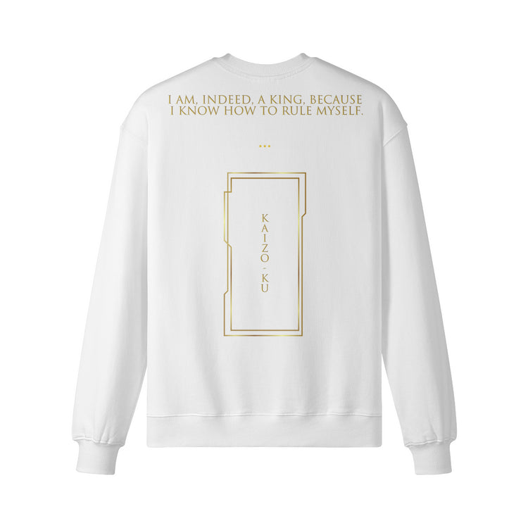 Back view of the sweatshirt, featuring an inspirational quote and the vertical Kaizo-ku branding within a golden rectangle.