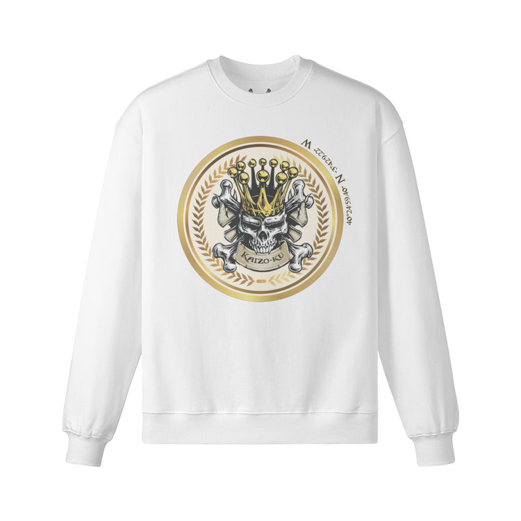 Front view of the Wanderer Madrid Crowned Skull Sweatshirt showcasing the intricate golden crowned skull design.