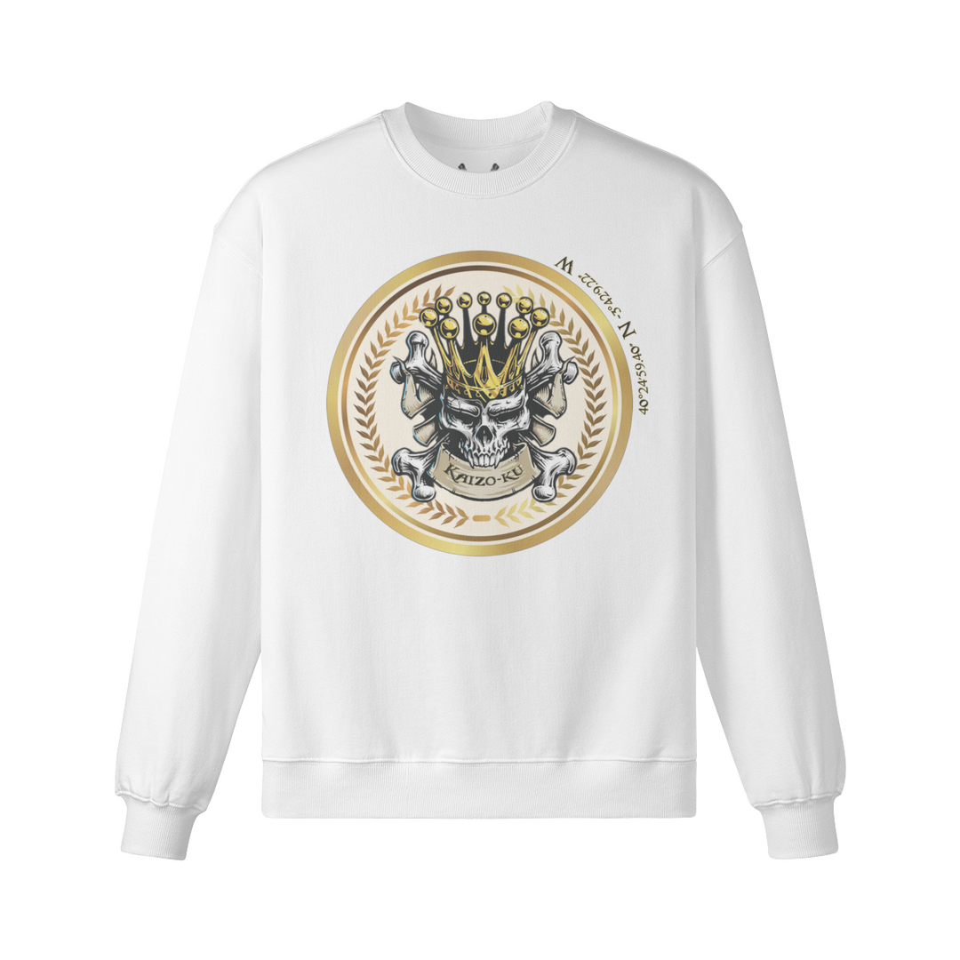 Front view of the Wanderer Madrid Crowned Skull Sweatshirt showcasing the intricate golden crowned skull design.