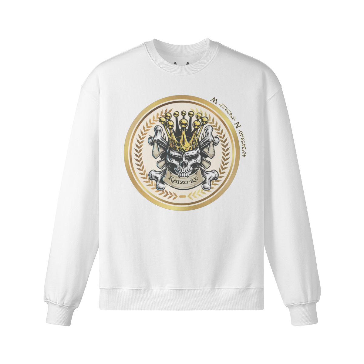 Front view of the Wanderer Madrid Crowned Skull Sweatshirt showcasing the intricate golden crowned skull design.