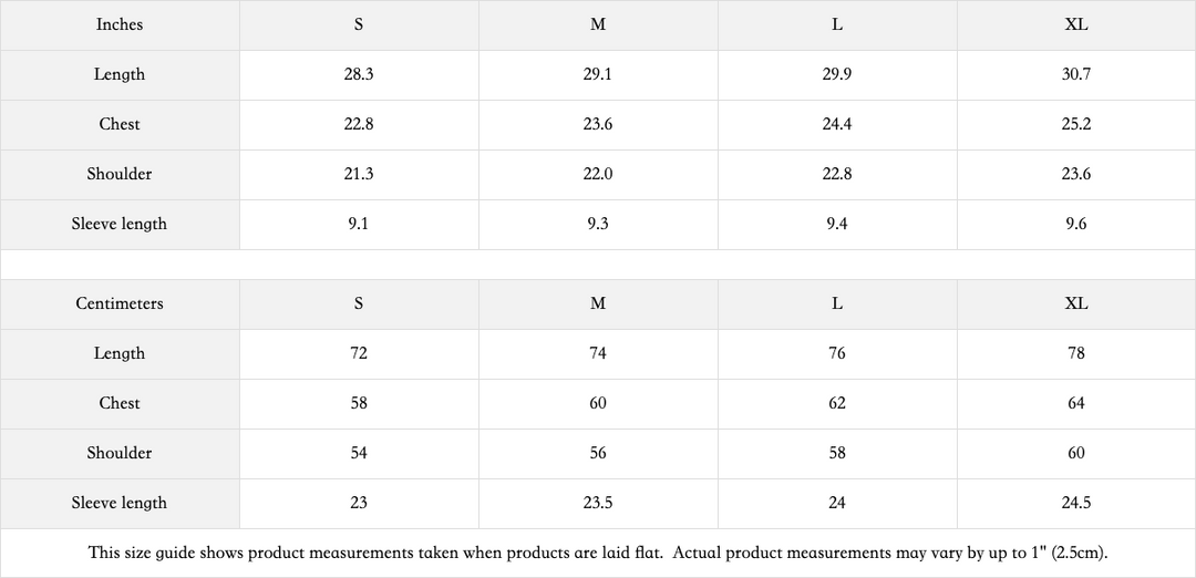 Detailed measurements to find your perfect fit for the Wanderer Madrid T-Shirt.