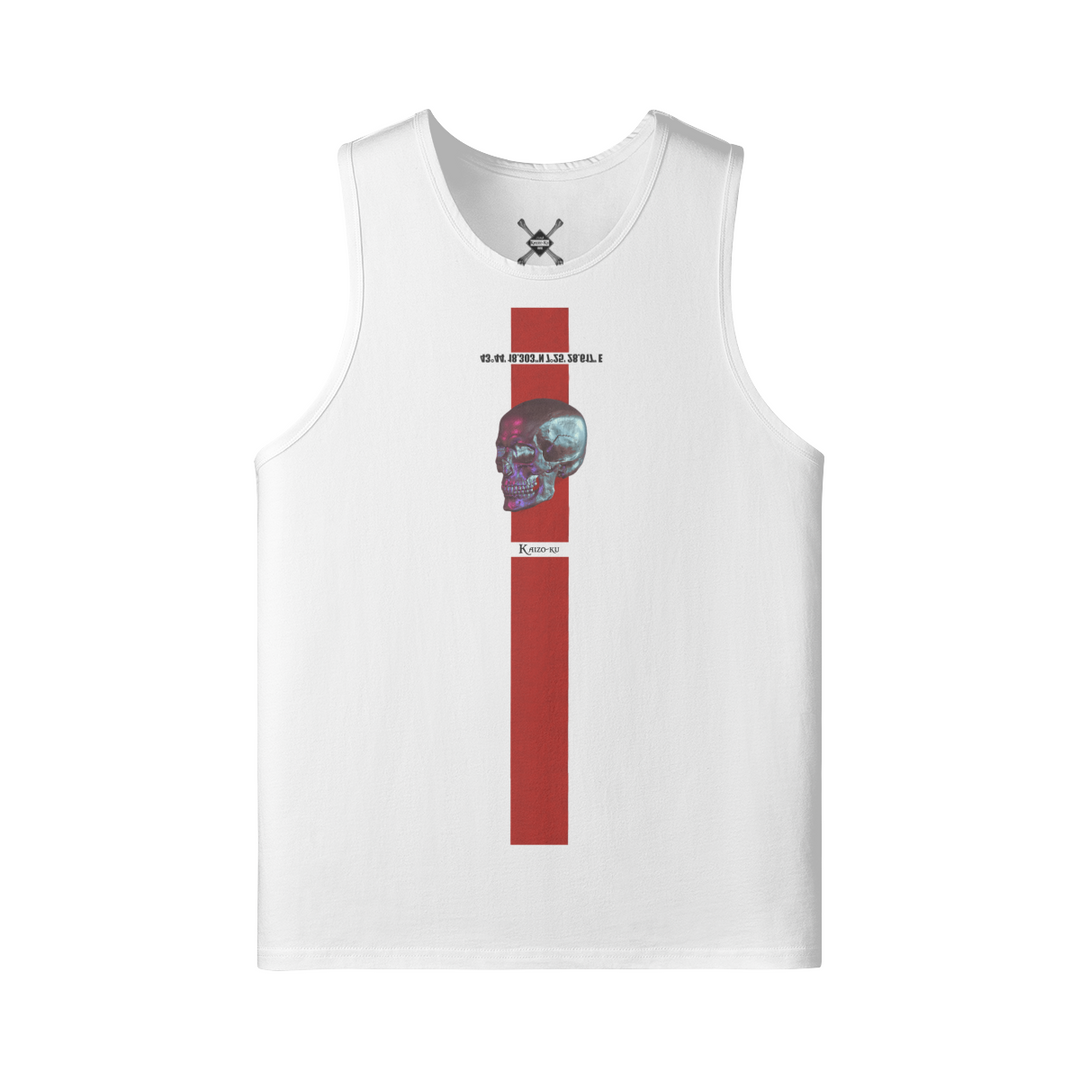 Elegant front view of the Wanderer Monaco Tank Top, featuring a minimalist skull against a bold red stripe.