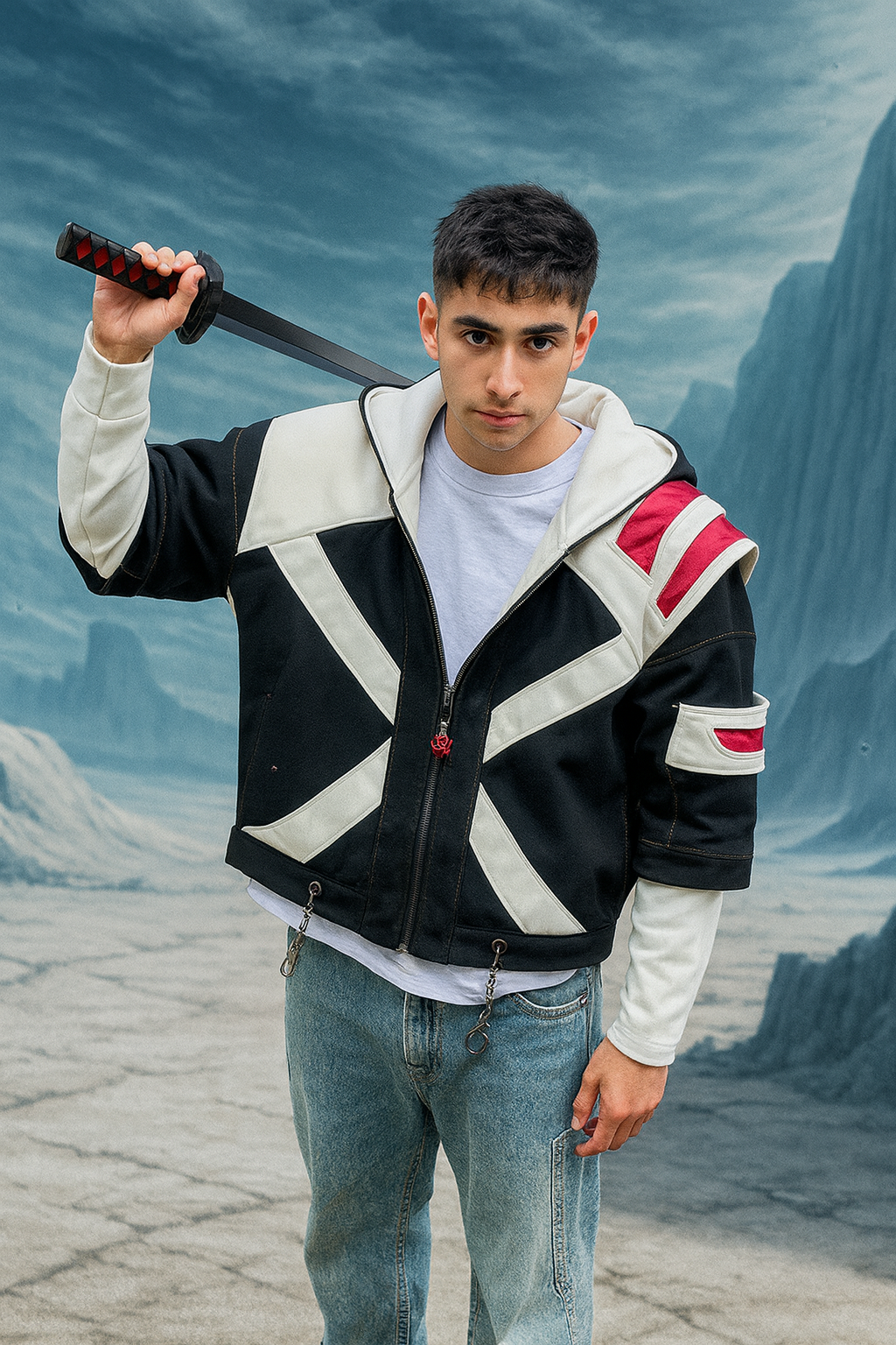 Person wearing a black and white jacket with a red stripe, holding a sword, against a fantasy landscape background.
