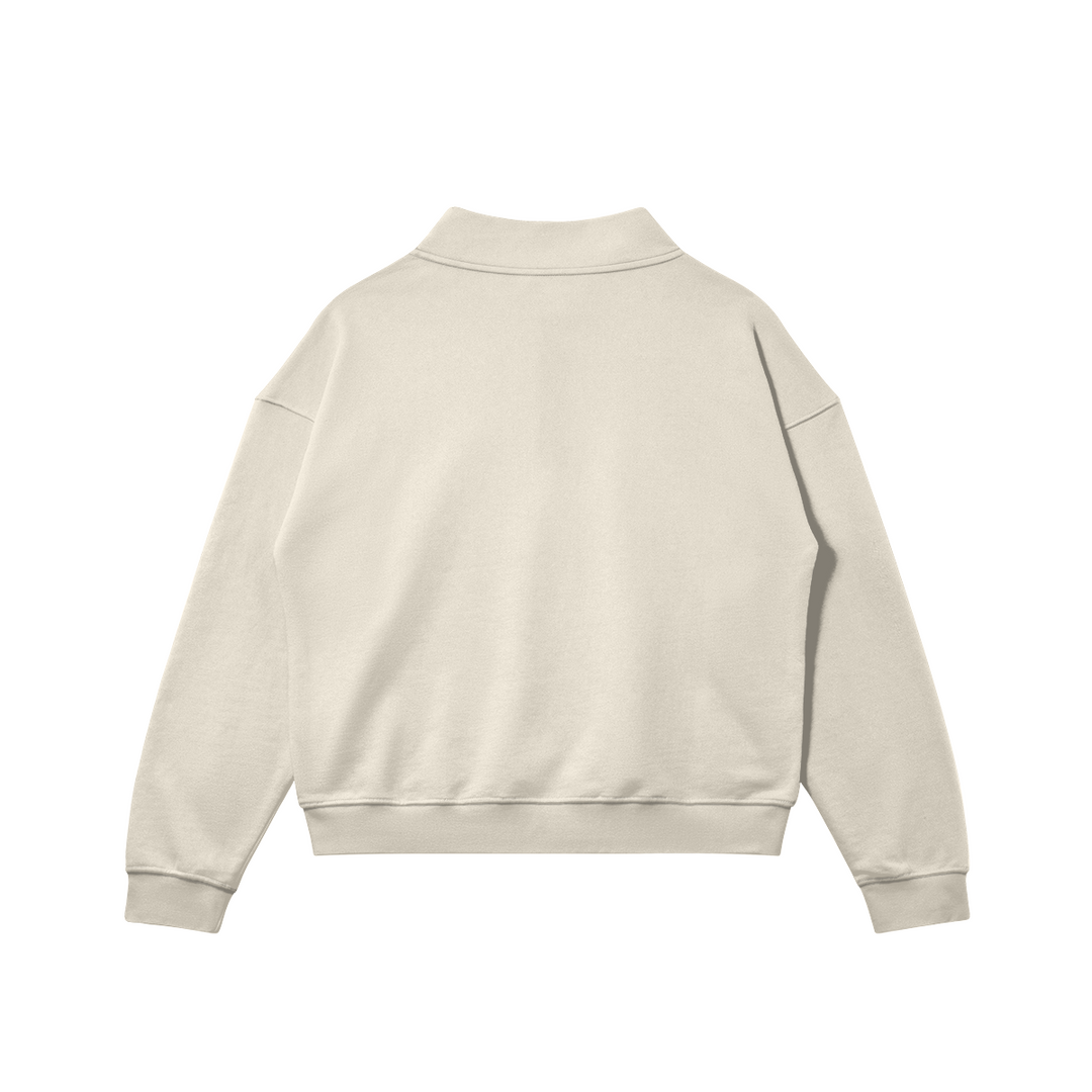 Flat back view of the Kaizo-Ku zip collar sweater in Beige. Oversized fit for a relaxed streetwear vibe.