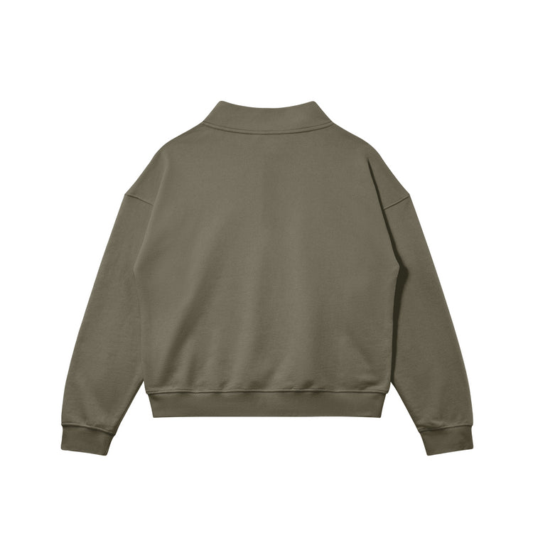 Back view of the Kaizo-Ku zip collar sweater in Khaki. Oversized fit with minimalistic design, ideal for urban streetwear looks.