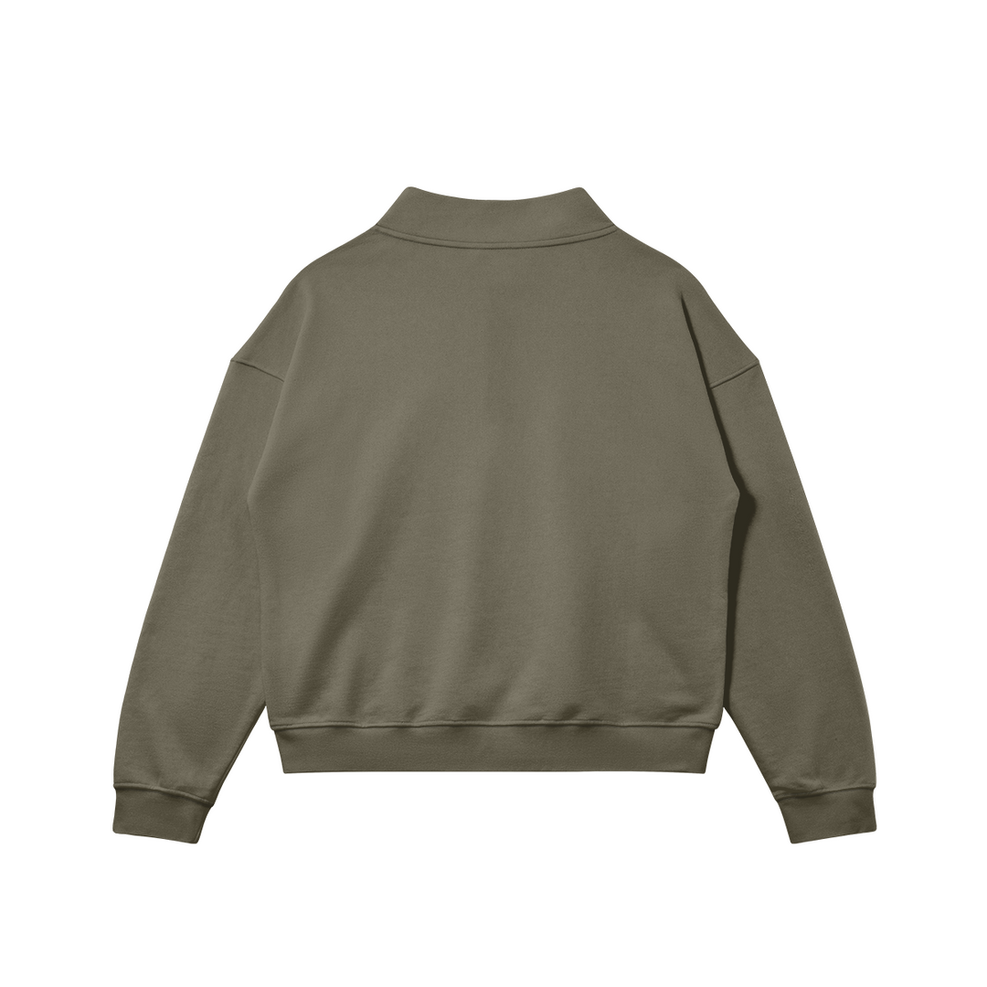 Back view of the Kaizo-Ku zip collar sweater in Khaki. Oversized fit with minimalistic design, ideal for urban streetwear looks.