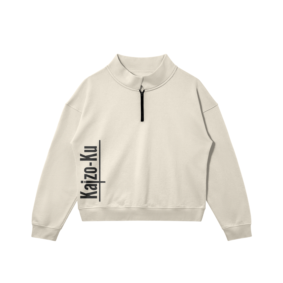 Kaizo-Ku beige half-zip sweatshirt, oversized fit, with Kaizo-Ku logo on the side.