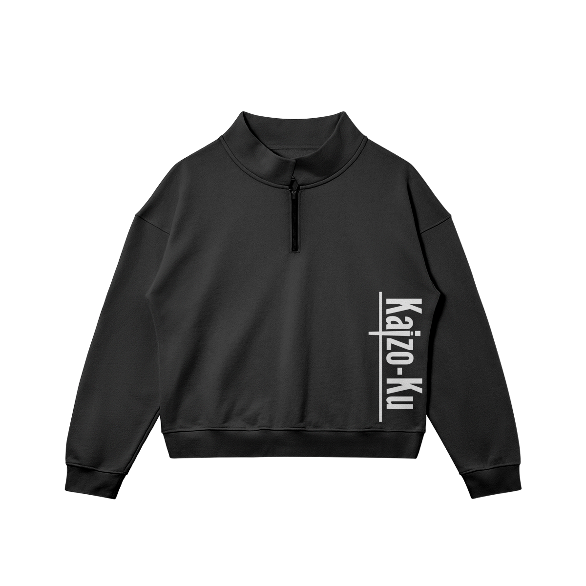 Flat front view of the Kaizo-Ku zip collar sweater in Black, featuring the white printed "Kaizo-Ku" logo on the right side. Minimalistic streetwear design with a modern zip collar.