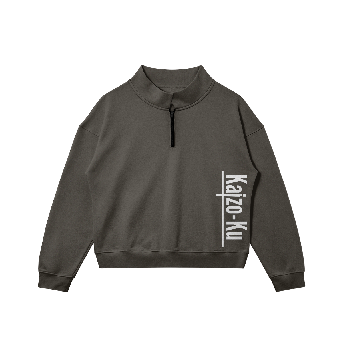 Flat front view of the Kaizo-Ku zip collar sweater in Grey, with the white printed "Kaizo-Ku" logo on the right side. Clean, minimalistic design perfect for a modern streetwear outfit.