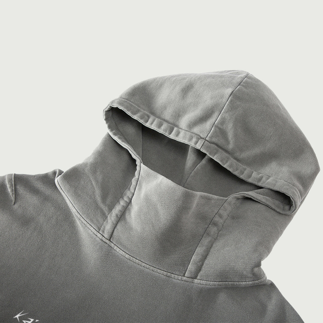 Close-up of the turtle neck hood on the Kaizo-Ku hoodie, designed for extra warmth and a unique streetwear look.